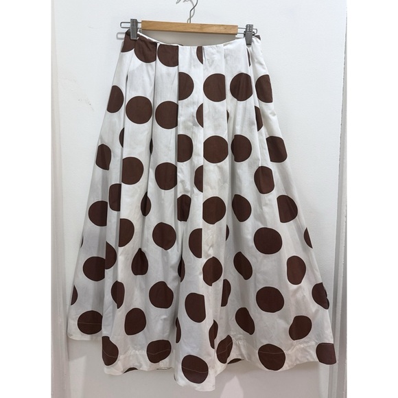 NWT Anthro Maeve Cotton Poplin Pleated Cream and Brown Polka Dot Midi Skirt XS - Picture 2 of 15